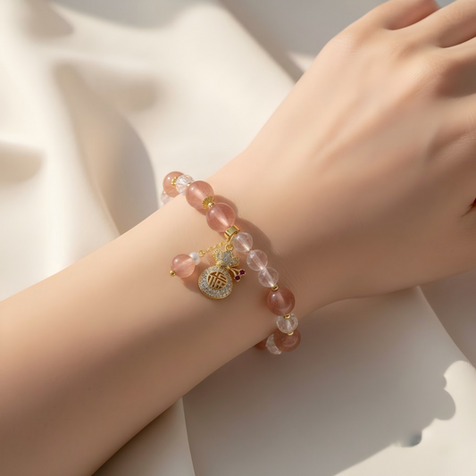 Strawberry Quartz & Crystal Fortune Pouch Bracelet