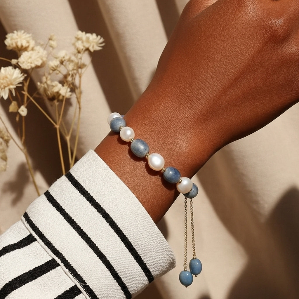 Tassel Drop Pearl &amp; Blue Stone Bracelet
