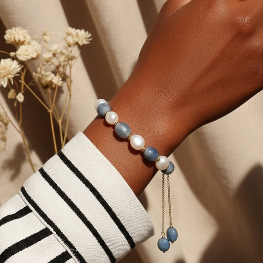 Tassel Drop Pearl &amp; Blue Stone Bracelet