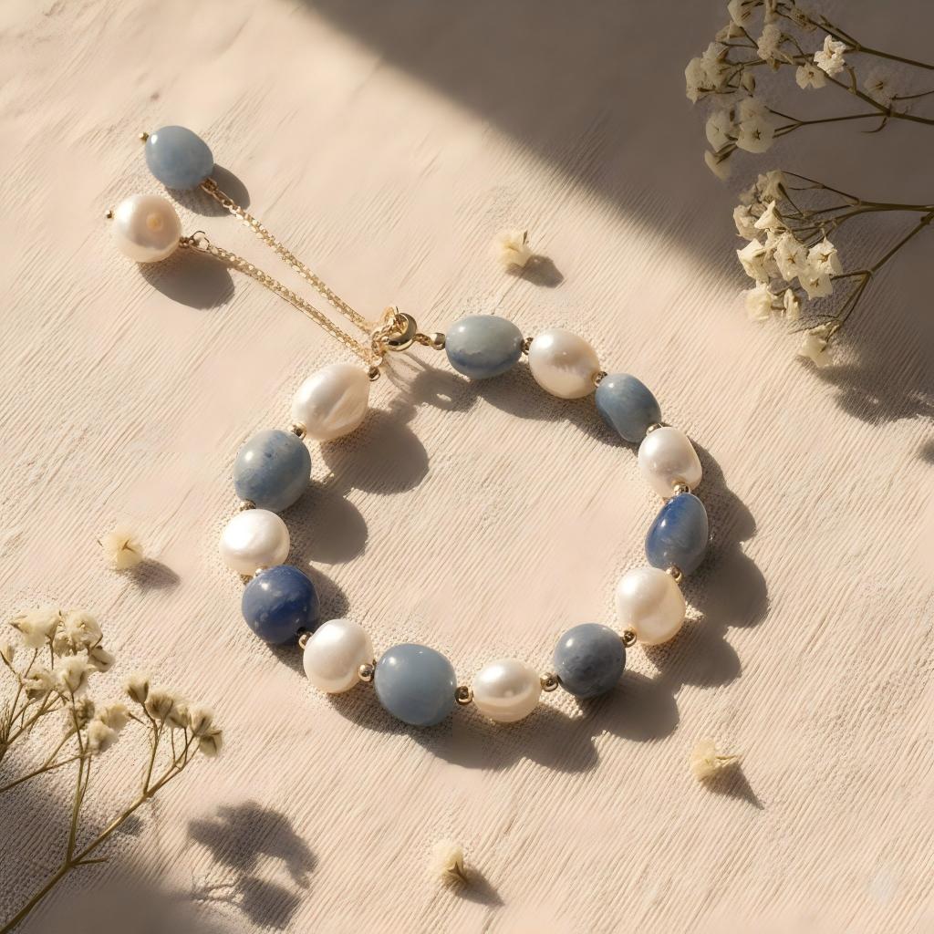 Tassel Drop Pearl &amp; Blue Stone Bracelet