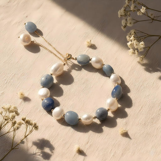 Tassel Drop Pearl &amp; Blue Stone Bracelet